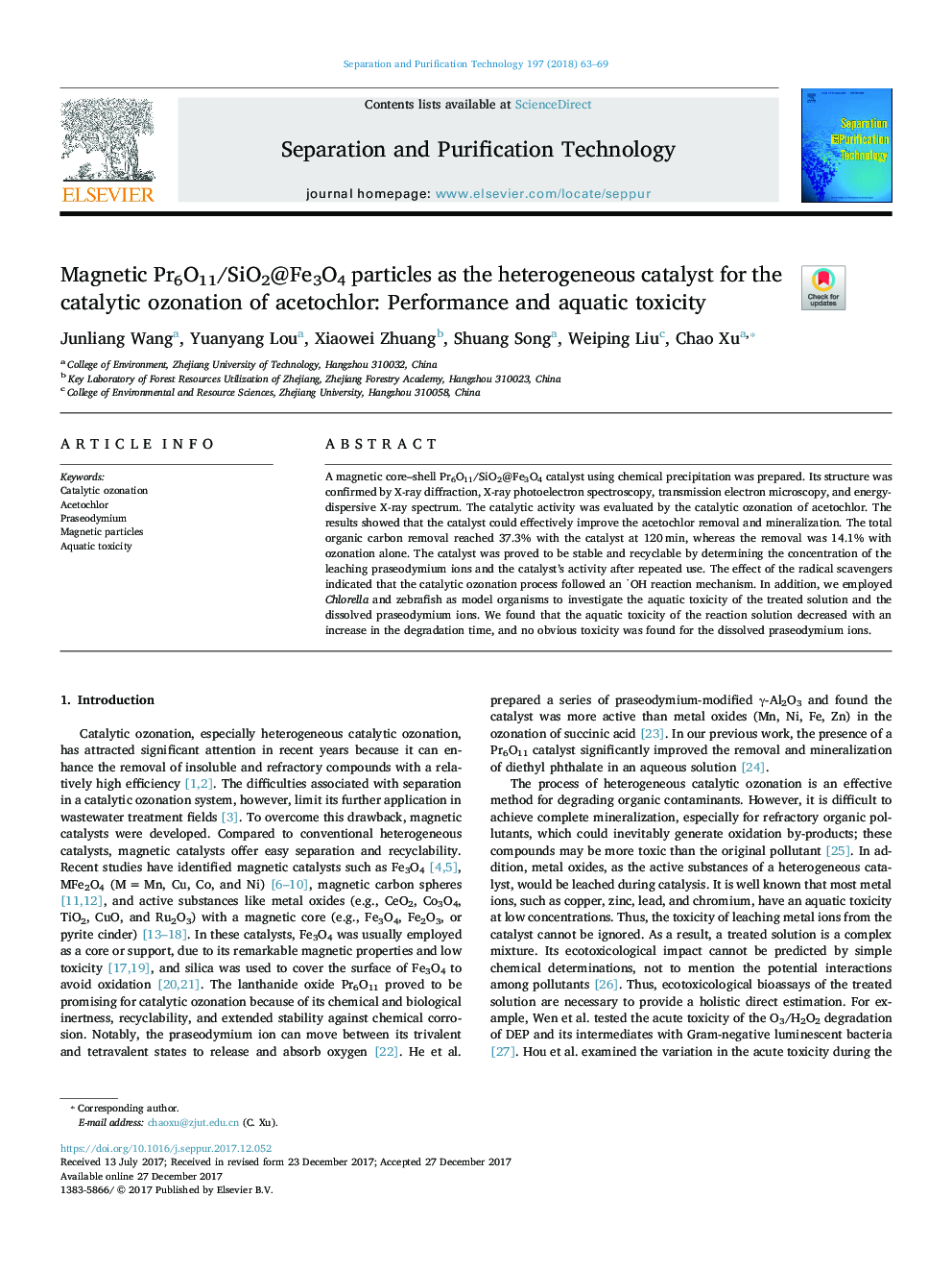 Magnetic Pr6O11/SiO2@Fe3O4 particles as the heterogeneous catalyst for the catalytic ozonation of acetochlor: Performance and aquatic toxicity