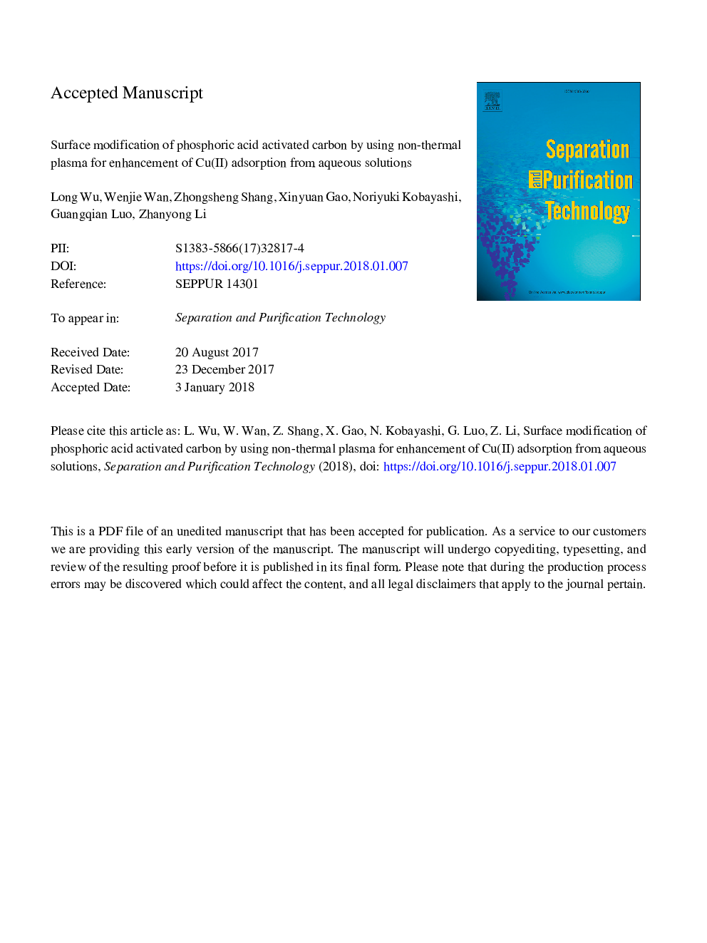 Surface modification of phosphoric acid activated carbon by using non-thermal plasma for enhancement of Cu(II) adsorption from aqueous solutions