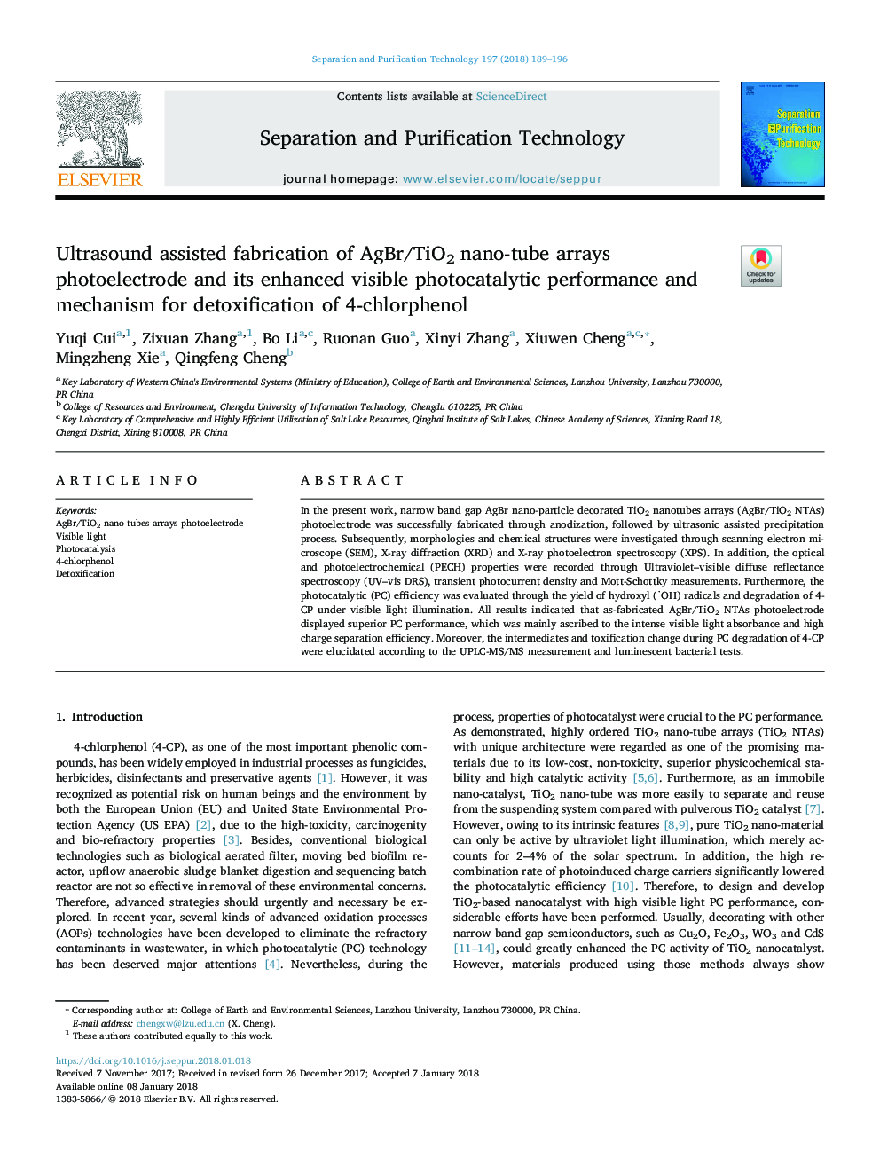 Ultrasound assisted fabrication of AgBr/TiO2 nano-tube arrays photoelectrode and its enhanced visible photocatalytic performance and mechanism for detoxification of 4-chlorphenol