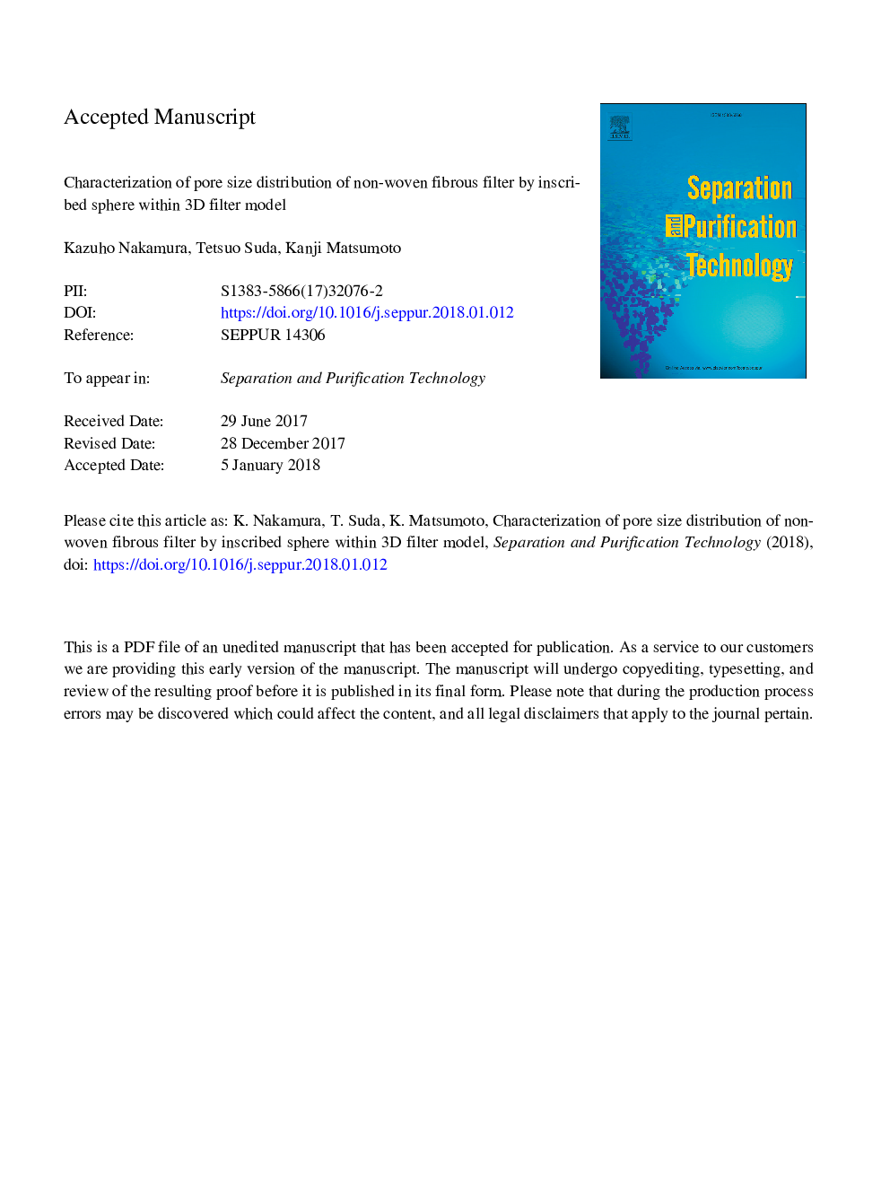 Characterization of pore size distribution of non-woven fibrous filter by inscribed sphere within 3D filter model