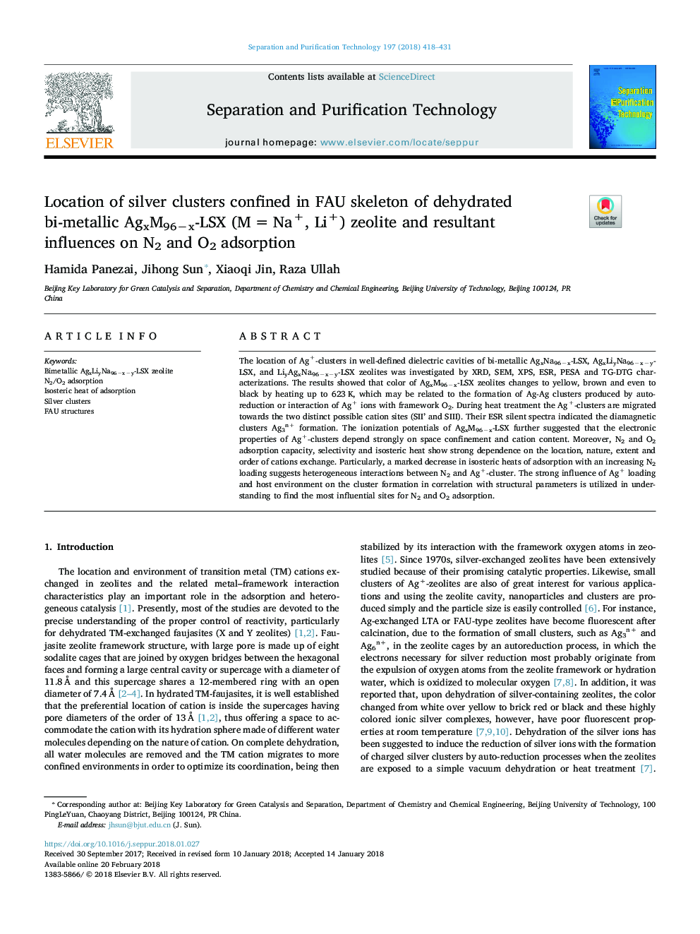 Location of silver clusters confined in FAU skeleton of dehydrated bi-metallic AgxM96âx-LSX (Mâ¯=â¯Na+, Li+) zeolite and resultant influences on N2 and O2 adsorption