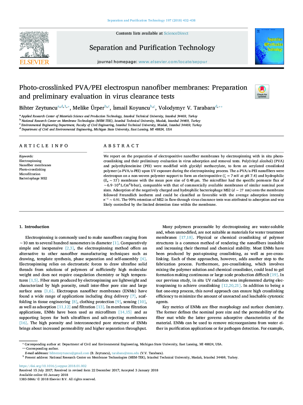 Photo-crosslinked PVA/PEI electrospun nanofiber membranes: Preparation and preliminary evaluation in virus clearance tests