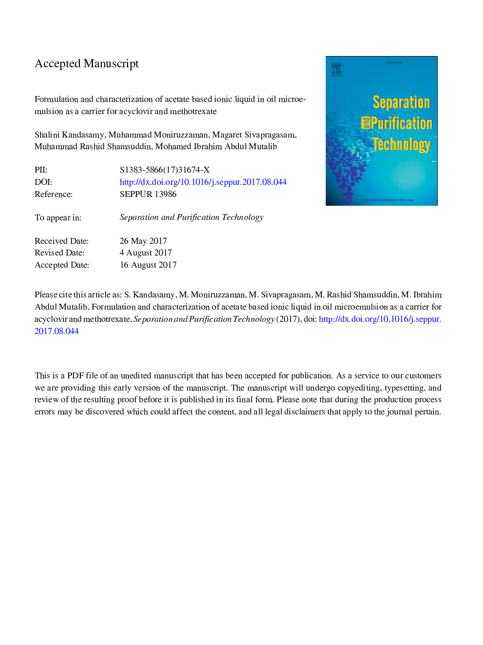 فرمولاسیون و ویژگی مایع یونی بر پایه استات در مایع امولسیون روغن به عنوان حامل آسیکلویر و متوترکسات 