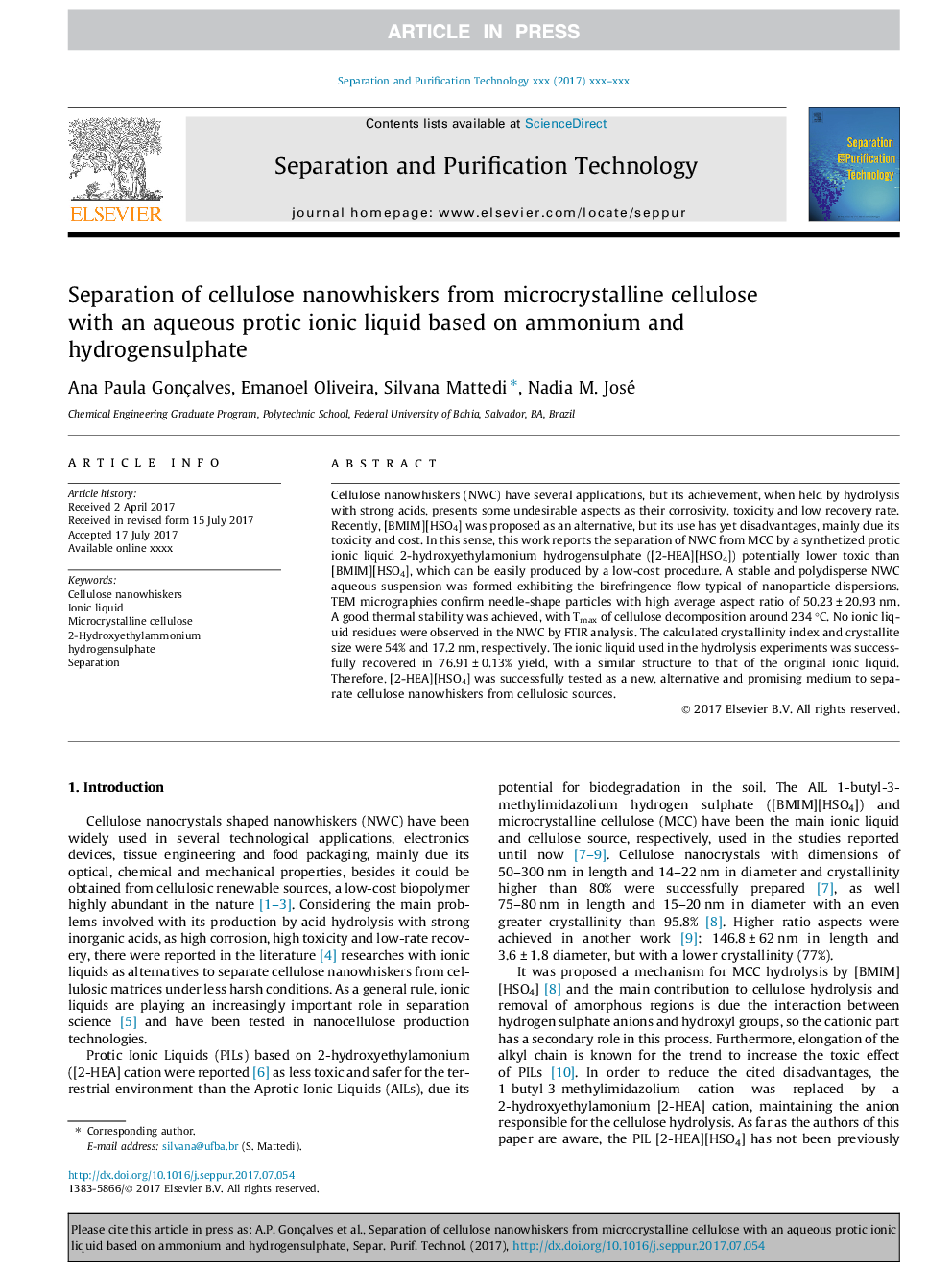 Separation of cellulose nanowhiskers from microcrystalline cellulose with an aqueous protic ionic liquid based on ammonium and hydrogensulphate