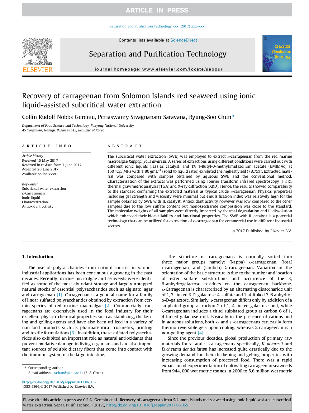 Recovery of carrageenan from Solomon Islands red seaweed using ionic liquid-assisted subcritical water extraction