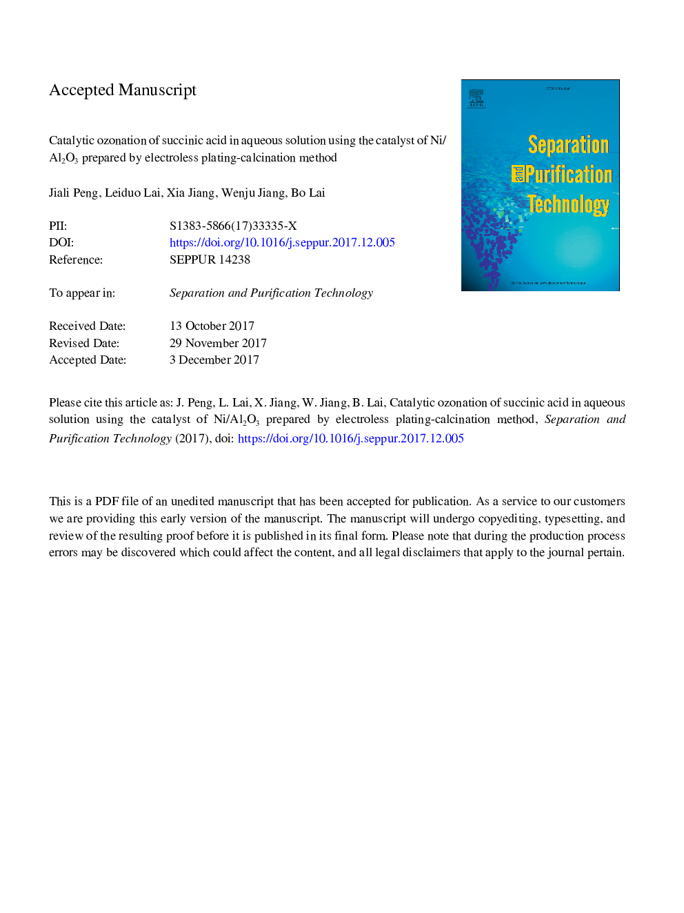 Catalytic ozonation of succinic acid in aqueous solution using the catalyst of Ni/Al2O3 prepared by electroless plating-calcination method