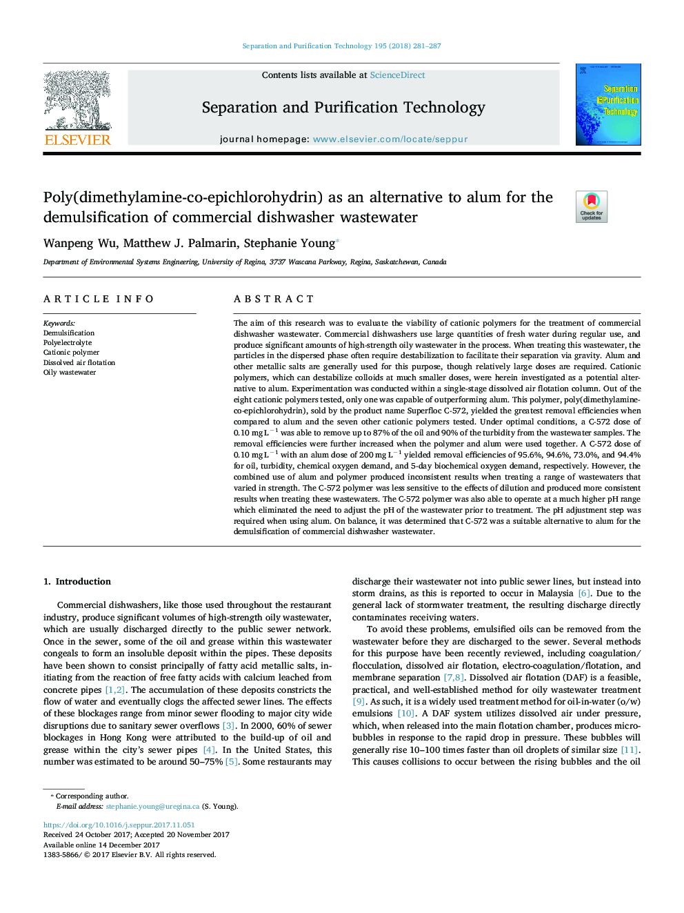 Poly(dimethylamine-co-epichlorohydrin) as an alternative to alum for the demulsification of commercial dishwasher wastewater