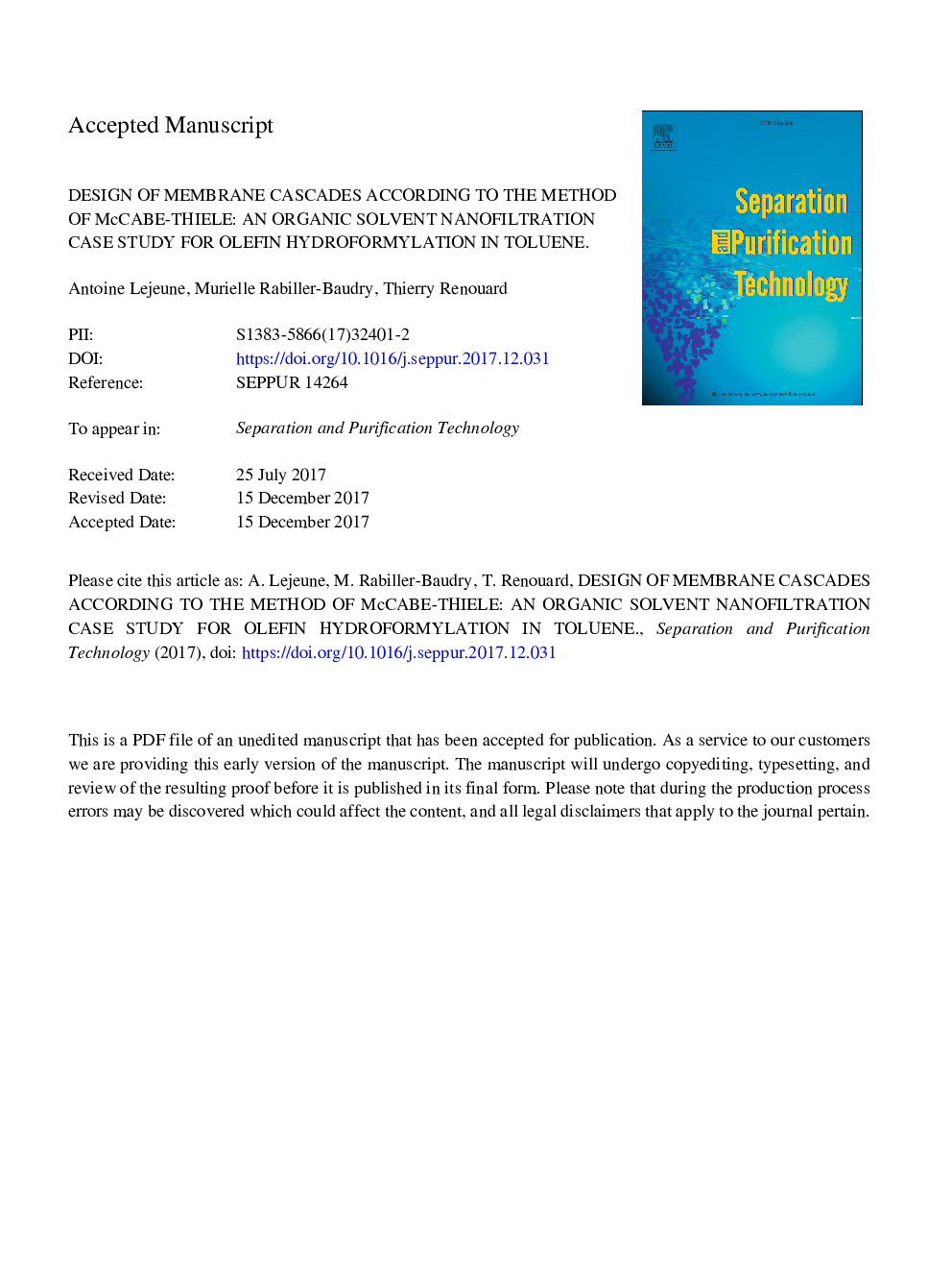 Design of membrane cascades according to the method of McCabe-Thiele: An organic solvent nanofiltration case study for olefin hydroformylation in toluene