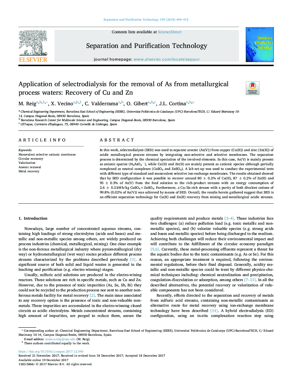 Application of selectrodialysis for the removal of As from metallurgical process waters: Recovery of Cu and Zn