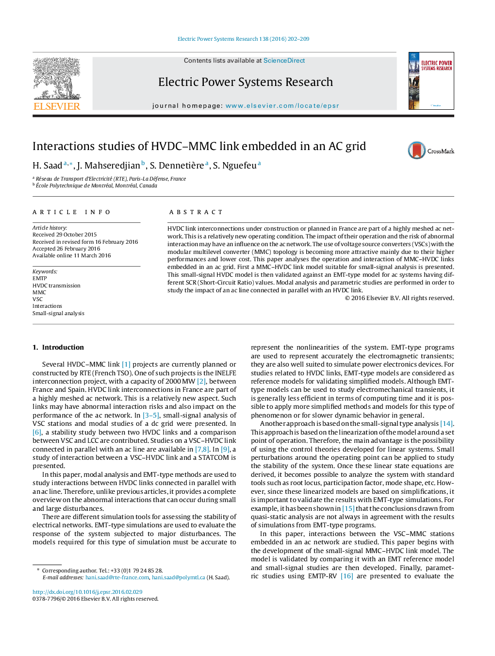 Interactions studies of HVDC–MMC link embedded in an AC grid