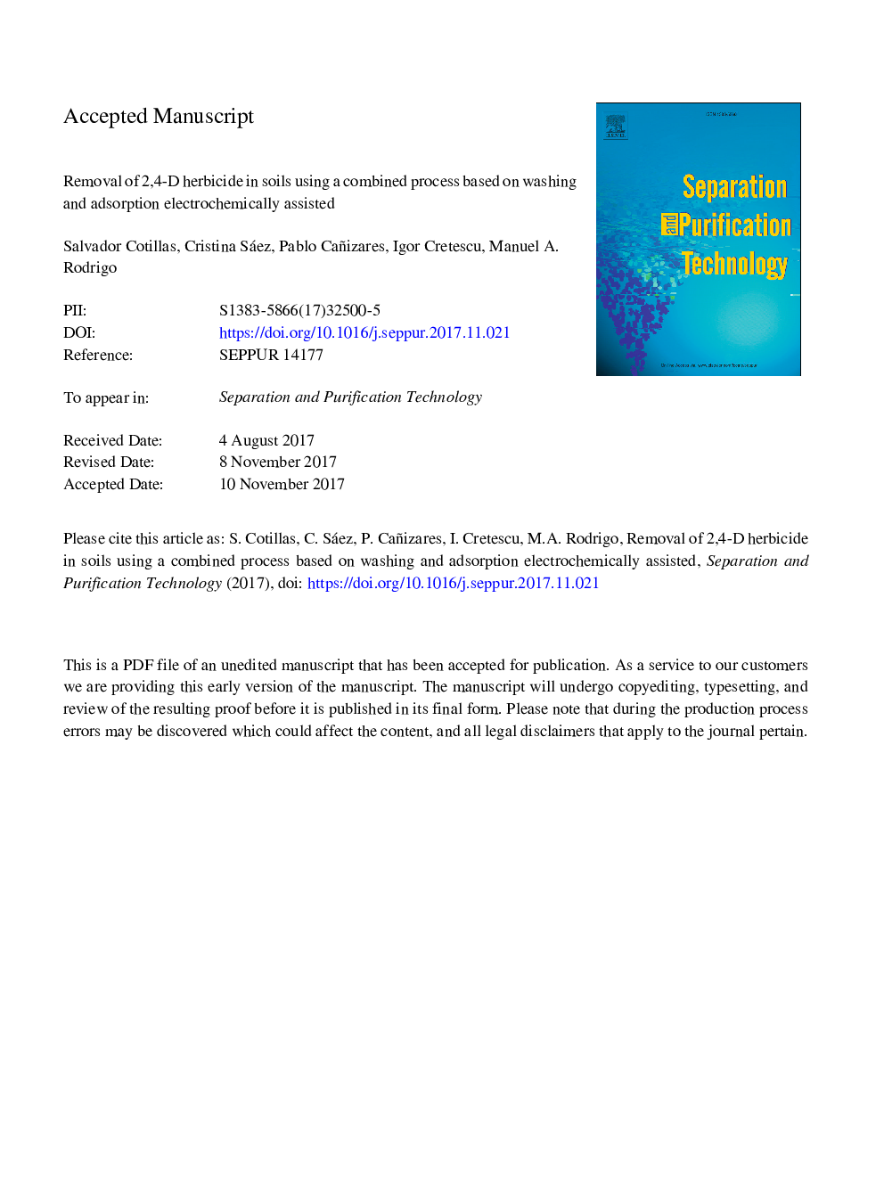 Removal of 2,4-D herbicide in soils using a combined process based on washing and adsorption electrochemically assisted