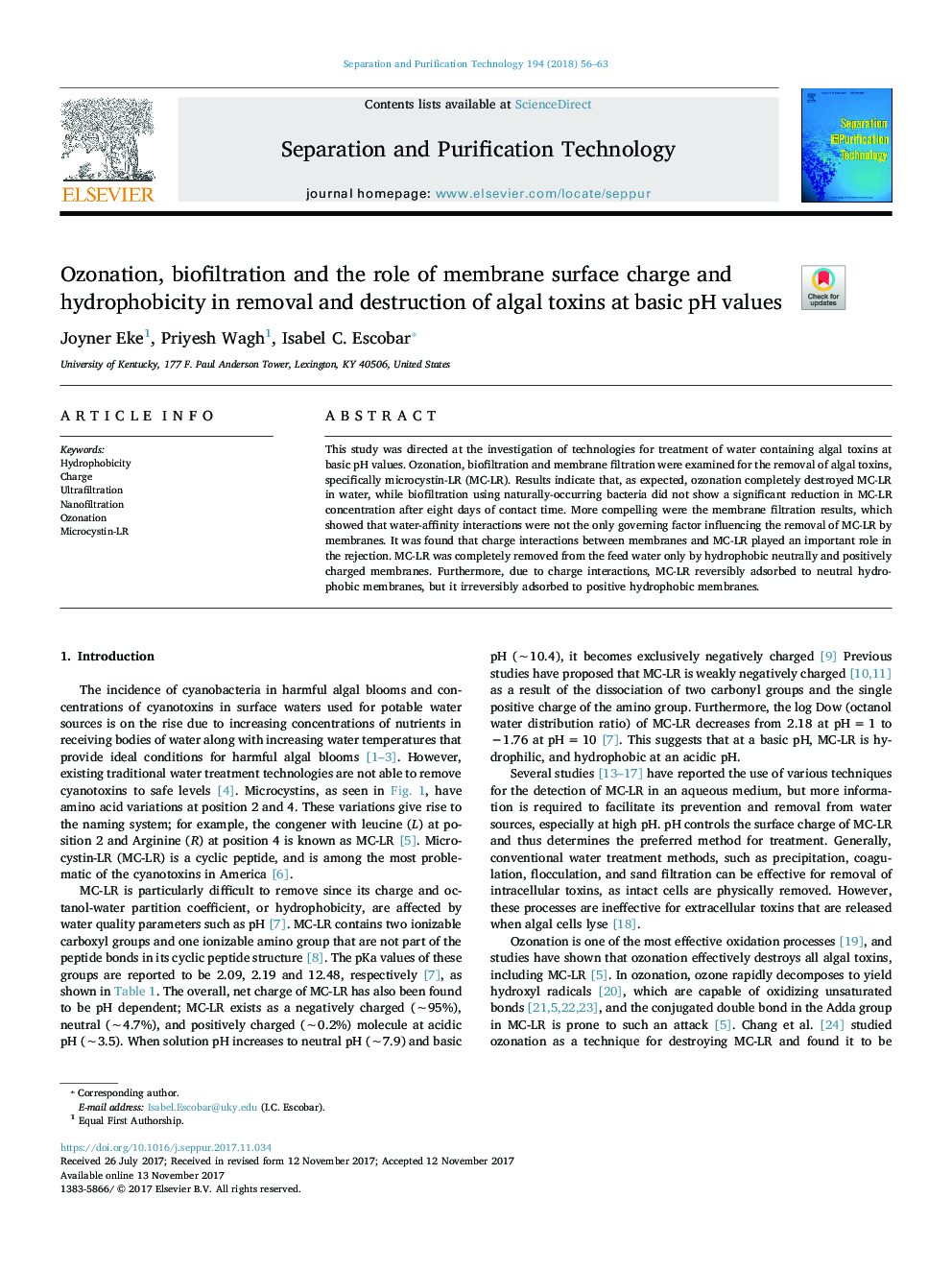 Ozonation, biofiltration and the role of membrane surface charge and hydrophobicity in removal and destruction of algal toxins at basic pH values