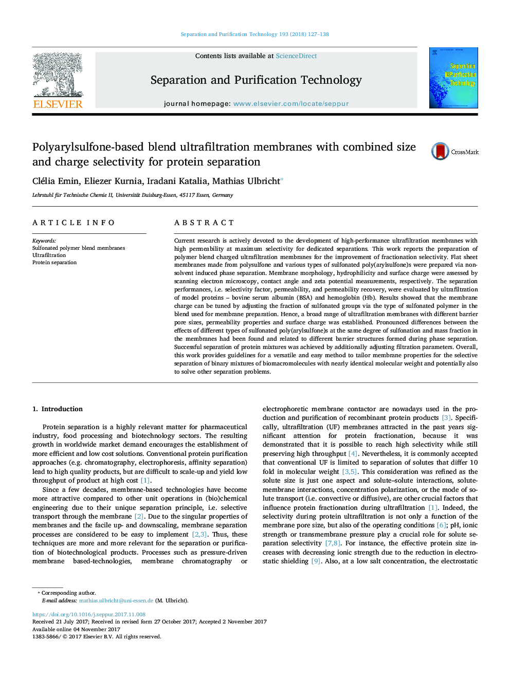 Polyarylsulfone-based blend ultrafiltration membranes with combined size and charge selectivity for protein separation