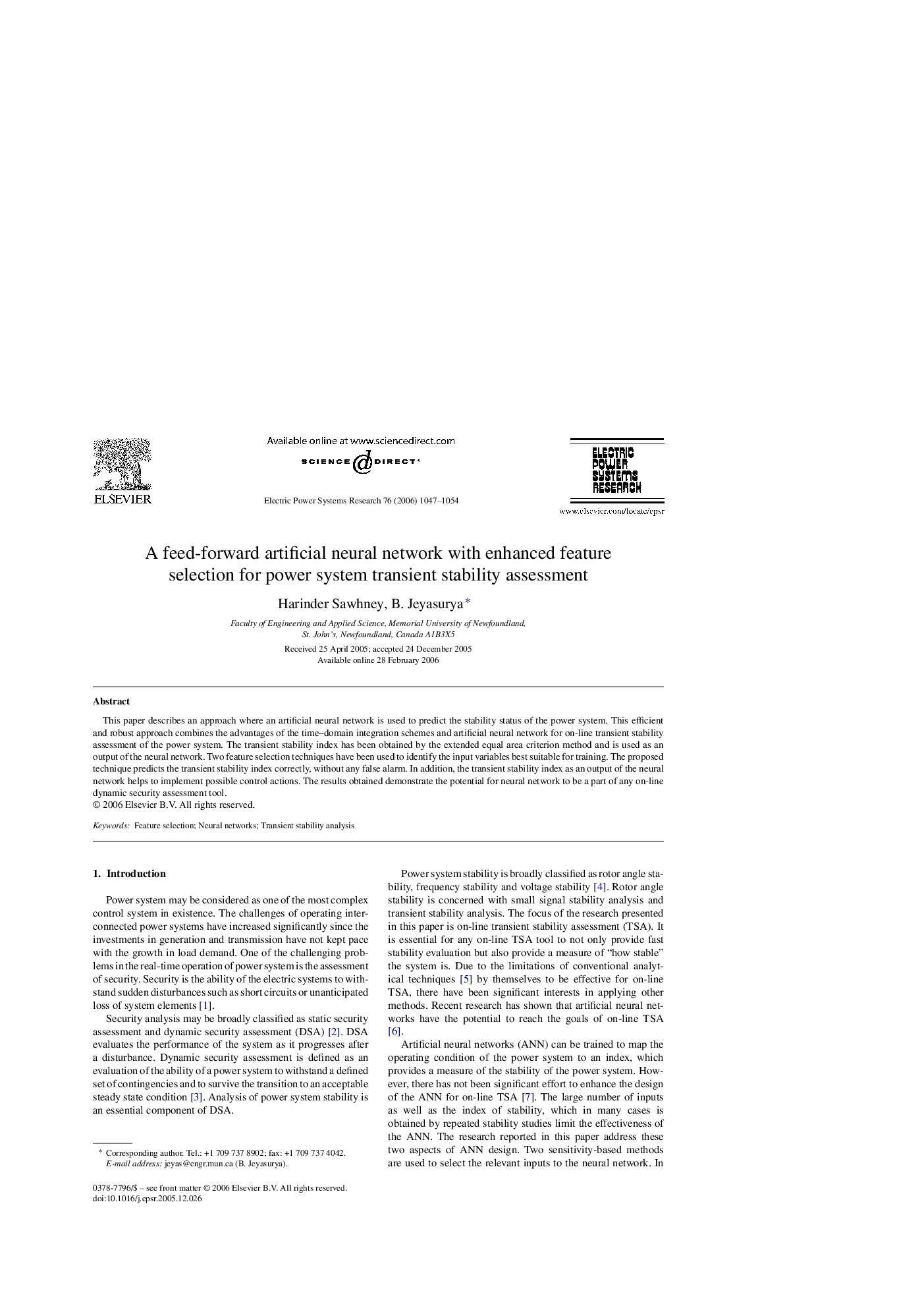 A feed-forward artificial neural network with enhanced feature selection for power system transient stability assessment