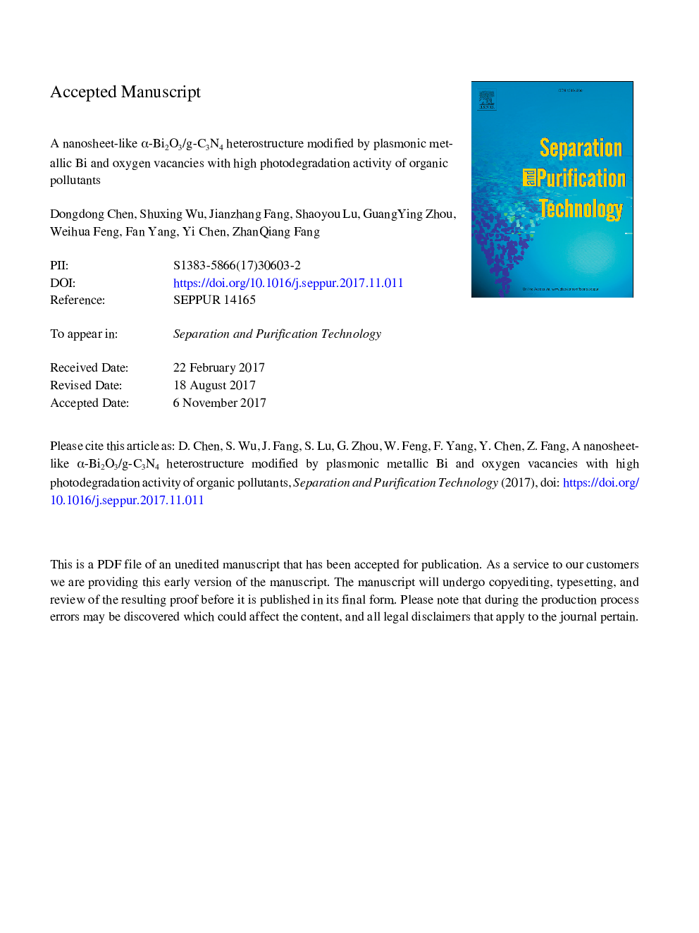 A nanosheet-like Î±-Bi2O3/g-C3N4 heterostructure modified by plasmonic metallic Bi and oxygen vacancies with high photodegradation activity of organic pollutants