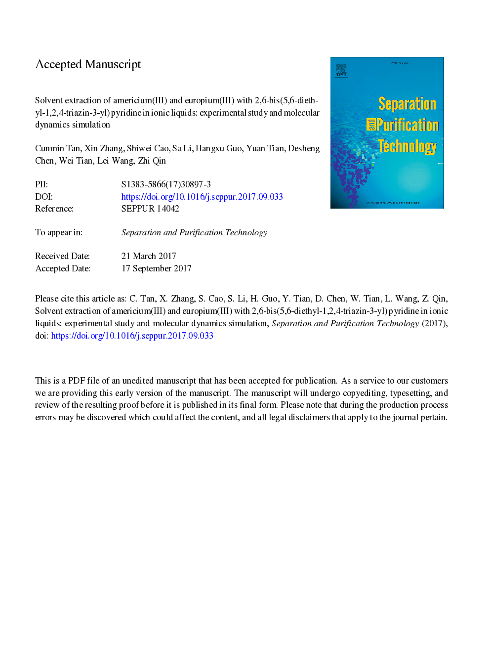 Solvent extraction of americium(III) and europium(III) with 2,6-bis(5,6-diethyl-1,2,4-triazin-3-yl) pyridine in ionic liquids: Experimental study and molecular dynamics simulation