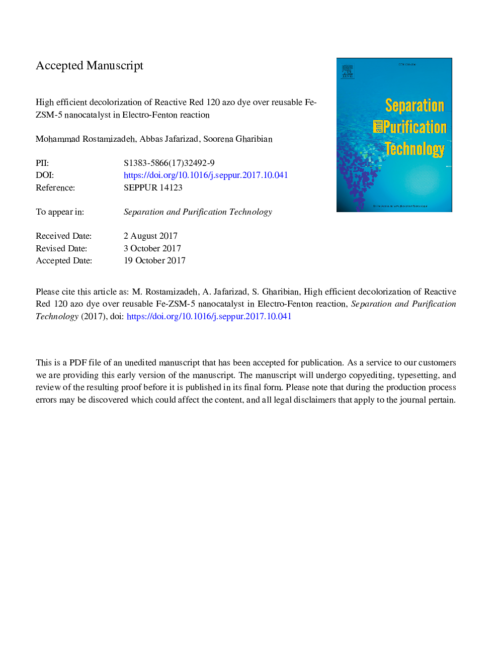 High efficient decolorization of Reactive Red 120 azo dye over reusable Fe-ZSM-5 nanocatalyst in electro-Fenton reaction