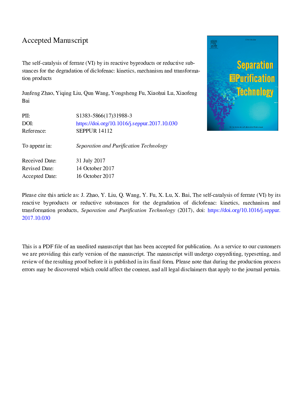 The self-catalysis of ferrate (VI) by its reactive byproducts or reductive substances for the degradation of diclofenac: Kinetics, mechanism and transformation products