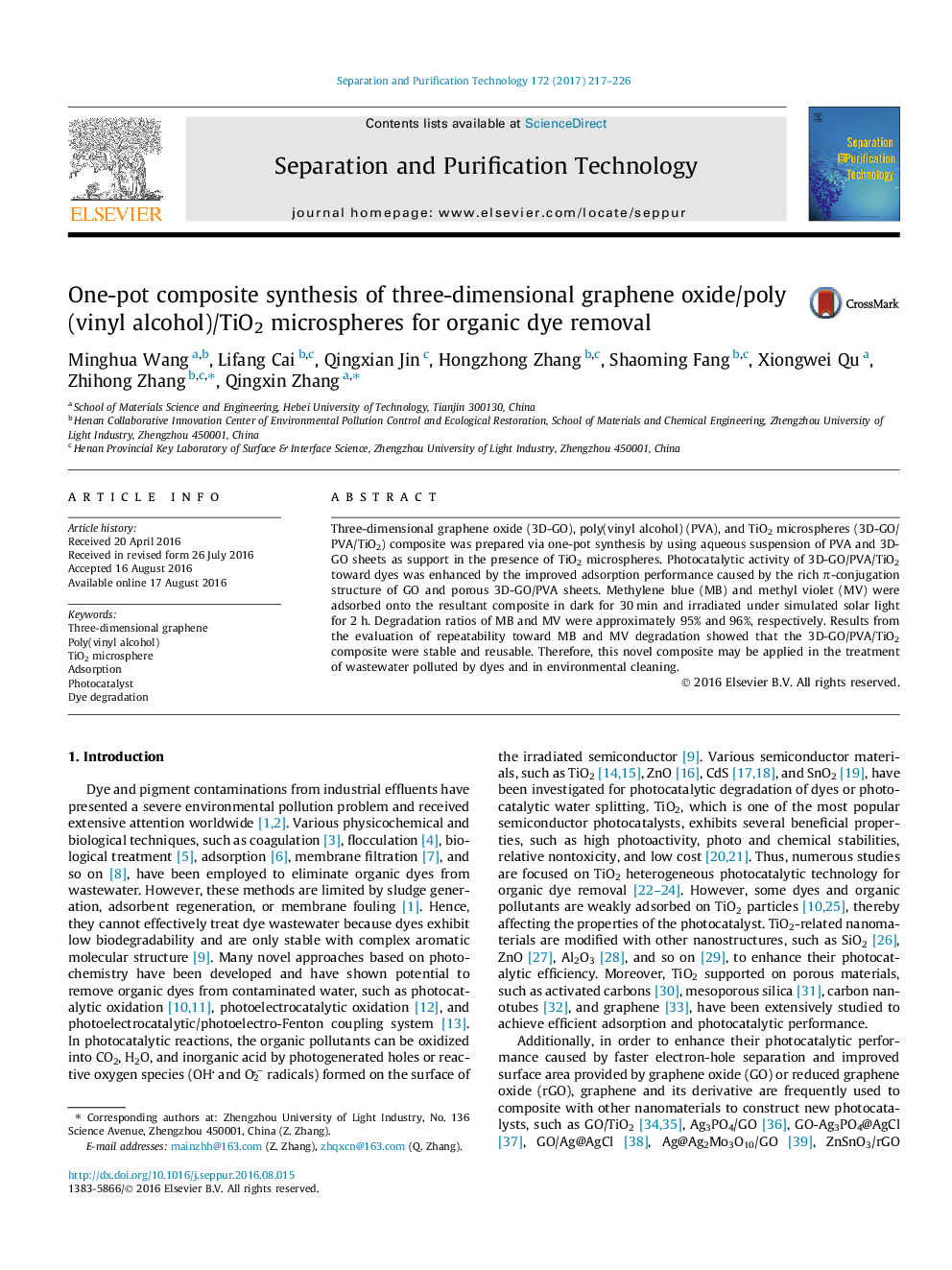 عکس صفحه اول مقاله: One-pot composite synthesis of three-dimensional graphene oxide/poly(vinyl alcohol)/TiO2 microspheres for organic dye removal One-pot composite synthesis of three-dimensional graphene oxide/poly(vinyl alcohol)/TiO2 microspheres for organic dye removal