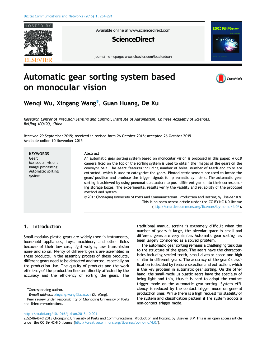 Automatic gear sorting system based on monocular vision 