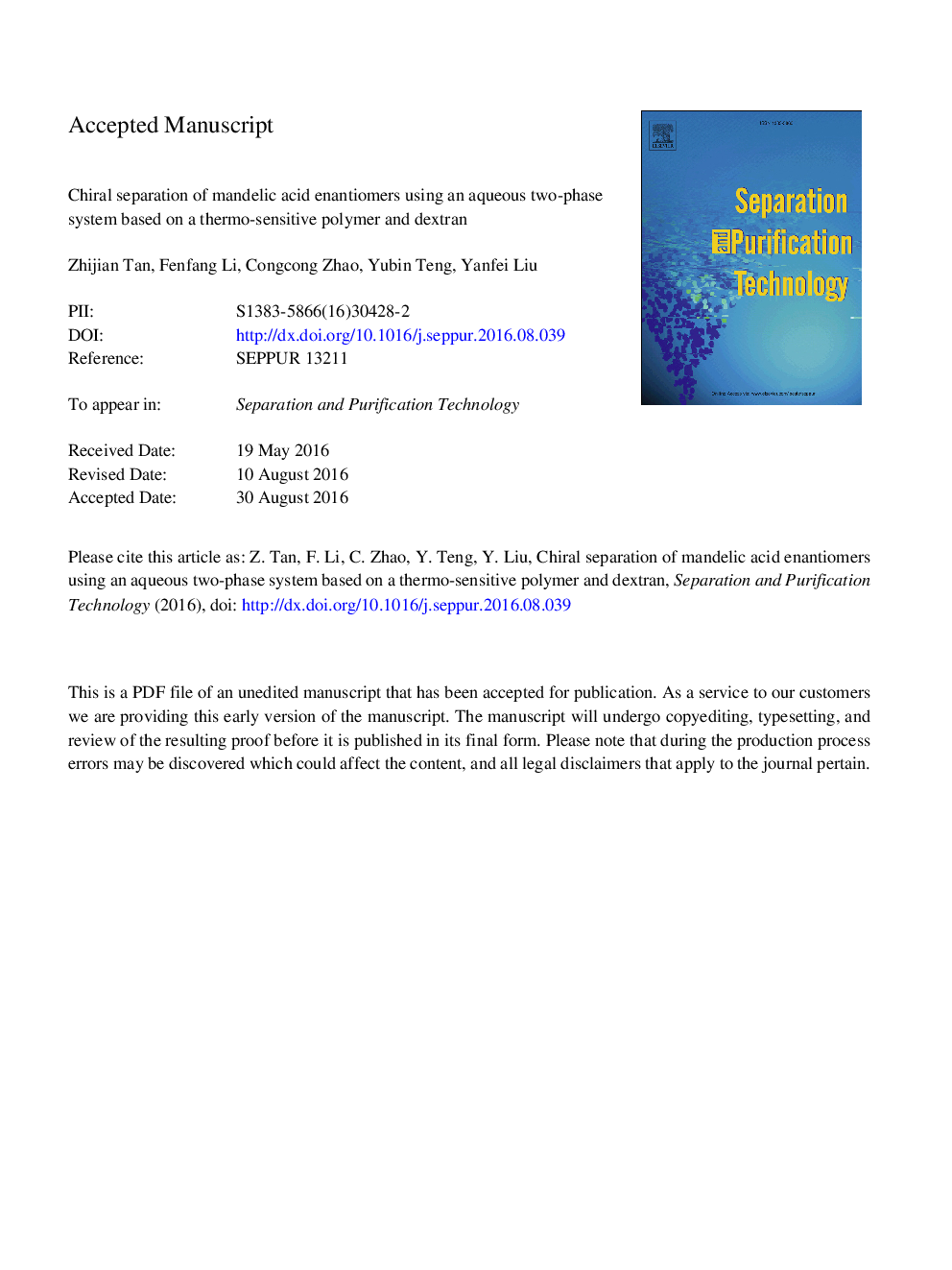 Chiral separation of mandelic acid enantiomers using an aqueous two-phase system based on a thermo-sensitive polymer and dextran