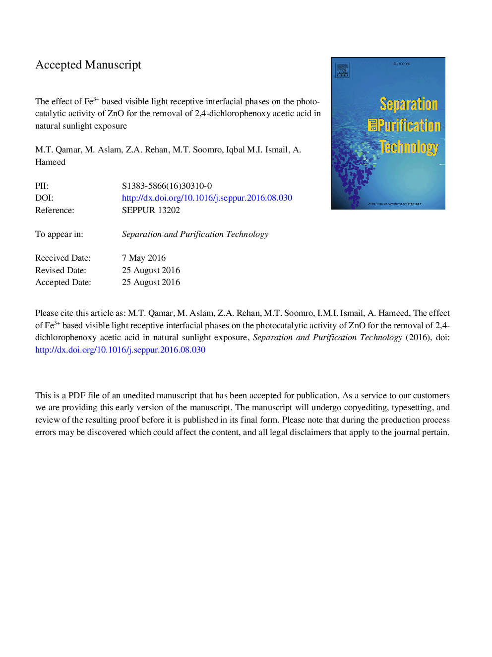 The effect of Fe3+ based visible light receptive interfacial phases on the photocatalytic activity of ZnO for the removal of 2,4-dichlorophenoxy acetic acid in natural sunlight exposure