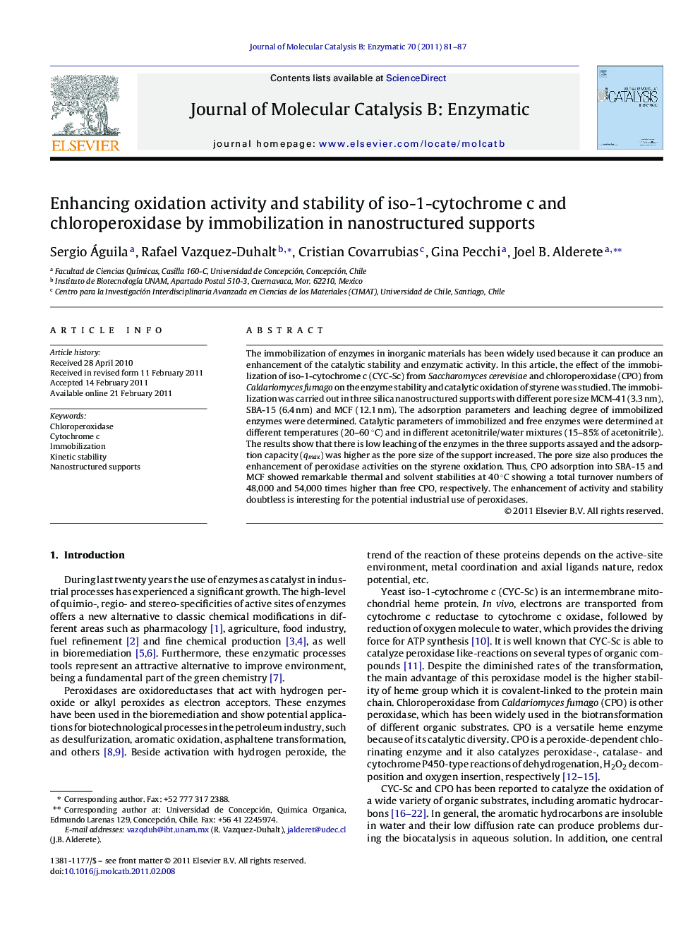 Enhancing oxidation activity and stability of iso-1-cytochrome c and chloroperoxidase by immobilization in nanostructured supports