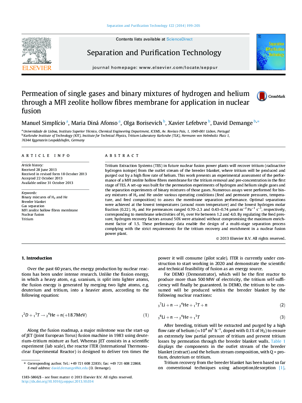 Permeation of single gases and binary mixtures of hydrogen and helium through a MFI zeolite hollow fibres membrane for application in nuclear fusion