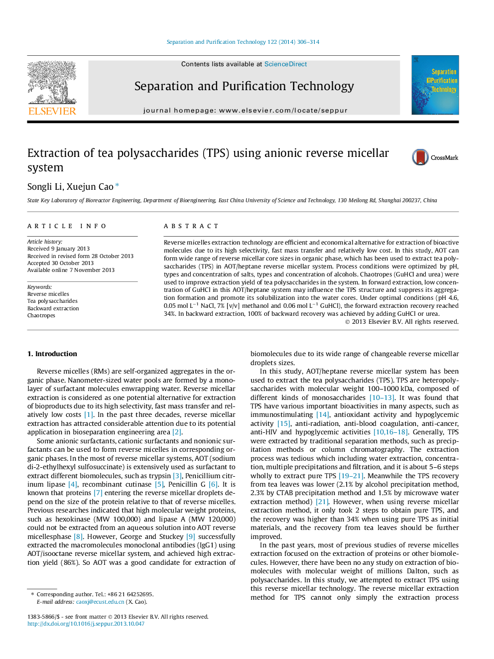 Extraction of tea polysaccharides (TPS) using anionic reverse micellar system