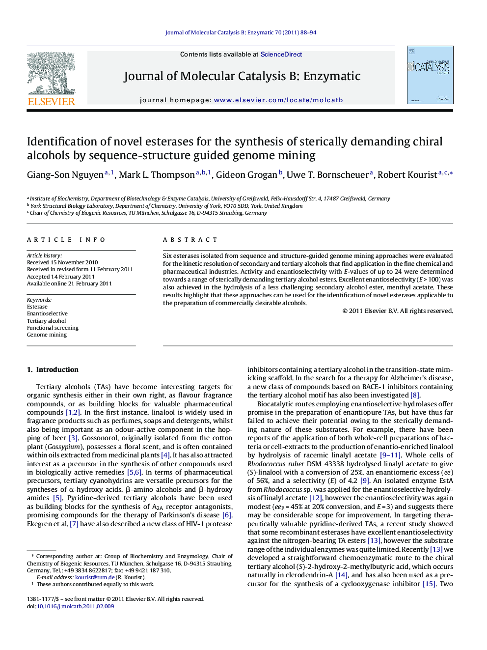 Identification of novel esterases for the synthesis of sterically demanding chiral alcohols by sequence-structure guided genome mining