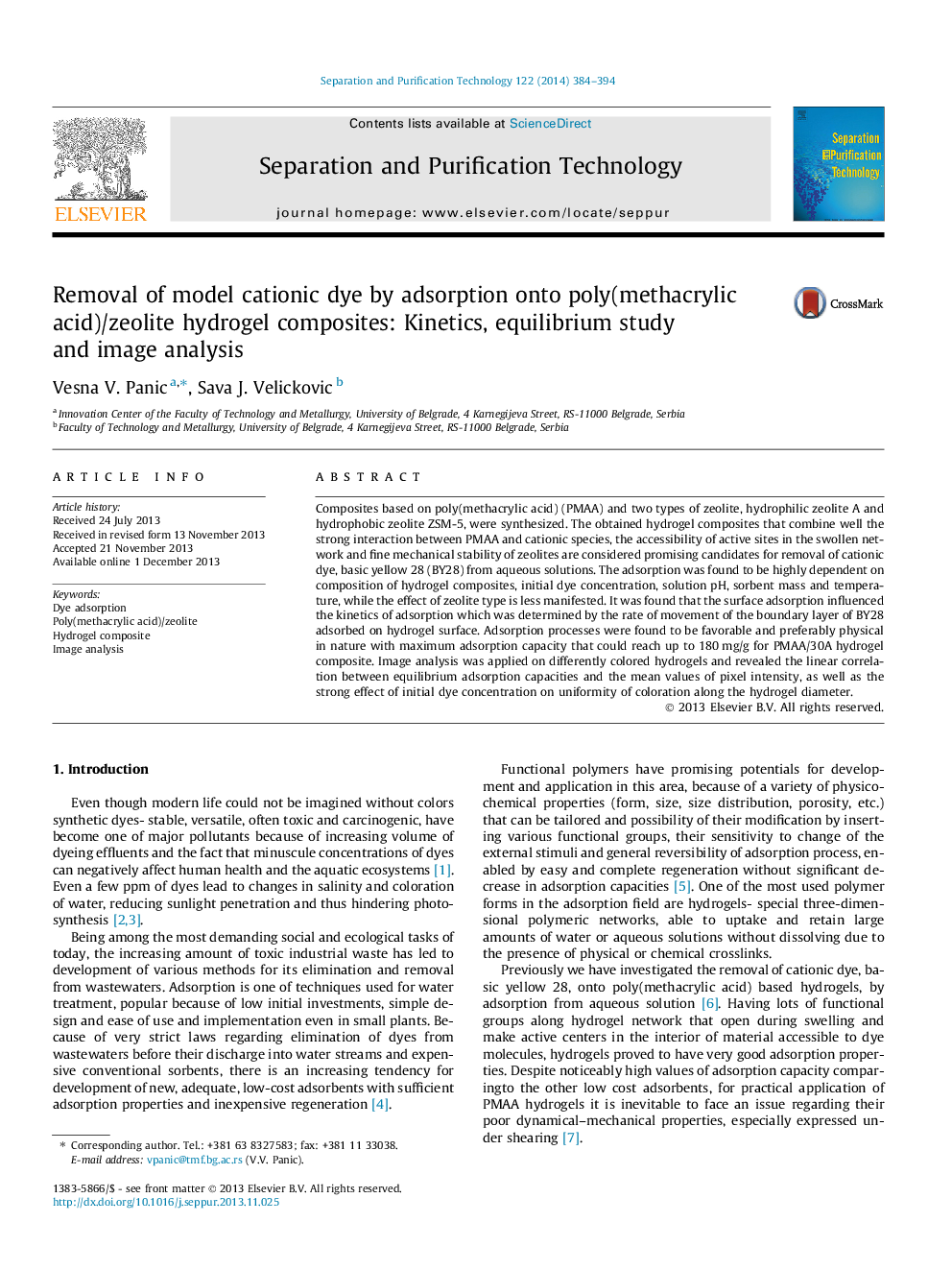 Removal of model cationic dye by adsorption onto poly(methacrylic acid)/zeolite hydrogel composites: Kinetics, equilibrium study and image analysis