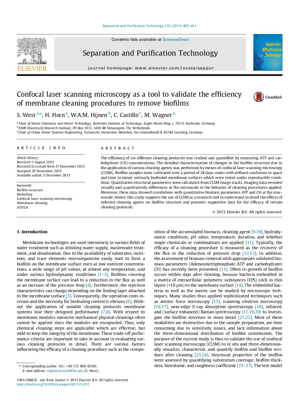 Confocal laser scanning microscopy as a tool to validate the efficiency of membrane cleaning procedures to remove biofilms