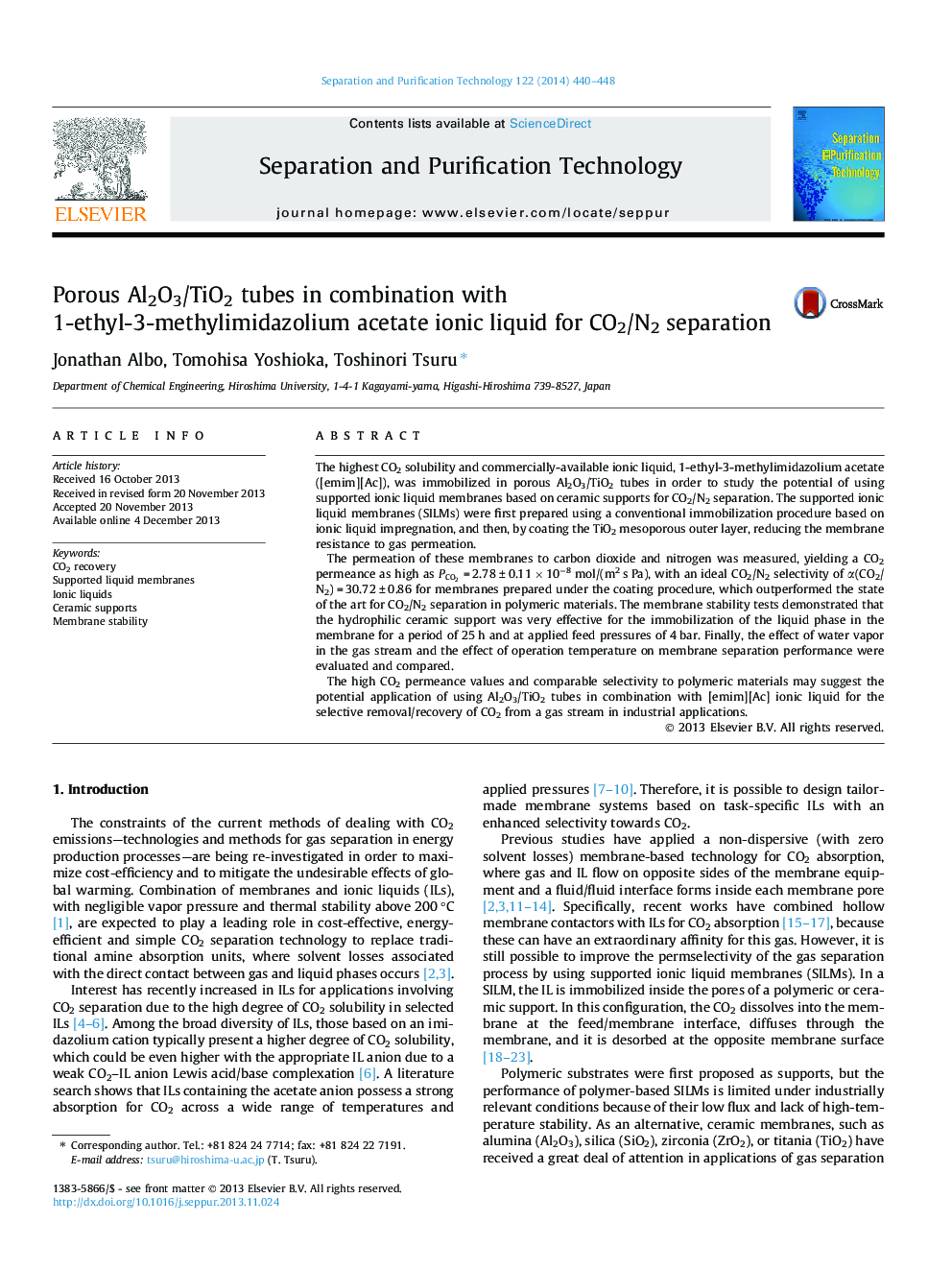 Porous Al2O3/TiO2 tubes in combination with 1-ethyl-3-methylimidazolium acetate ionic liquid for CO2/N2 separation