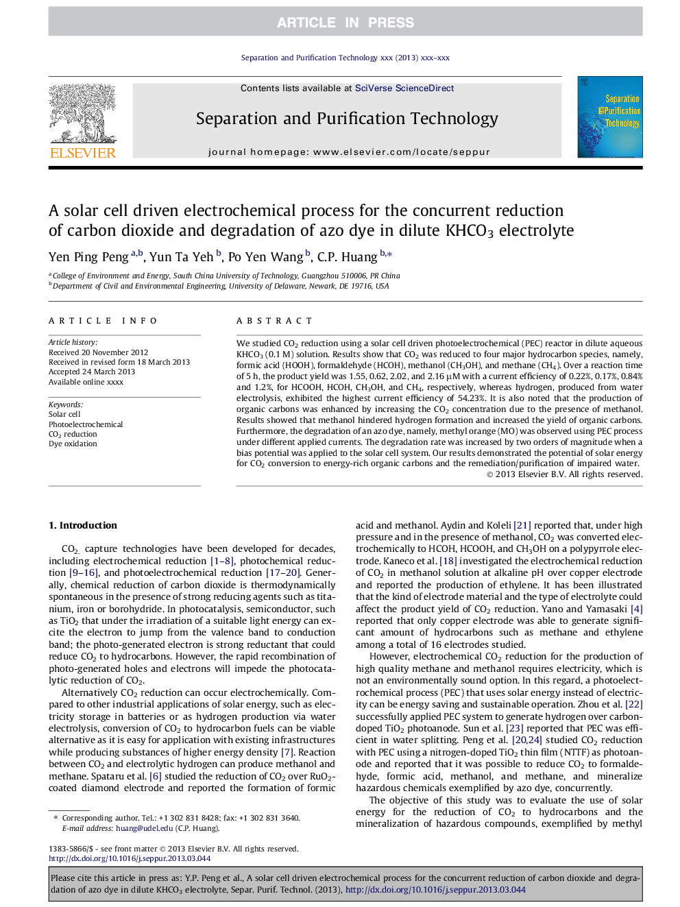 A solar cell driven electrochemical process for the concurrent reduction of carbon dioxide and degradation of azo dye in dilute KHCO3 electrolyte