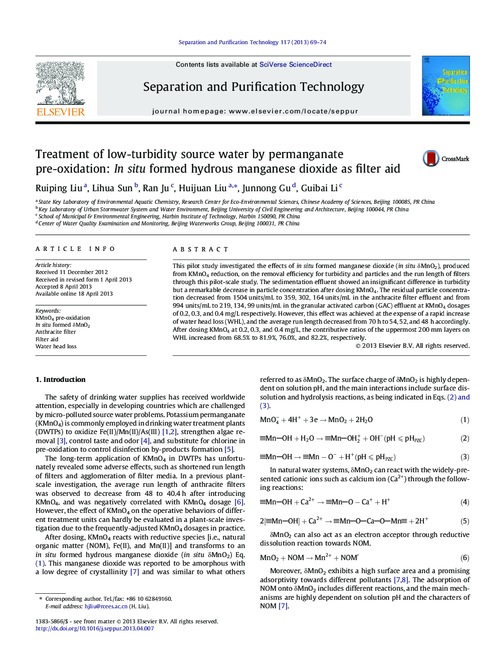 Treatment of low-turbidity source water by permanganate pre-oxidation: In situ formed hydrous manganese dioxide as filter aid