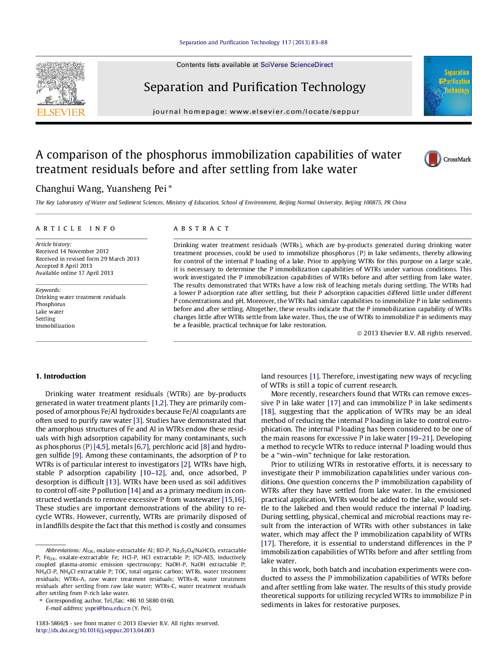 A comparison of the phosphorus immobilization capabilities of water treatment residuals before and after settling from lake water