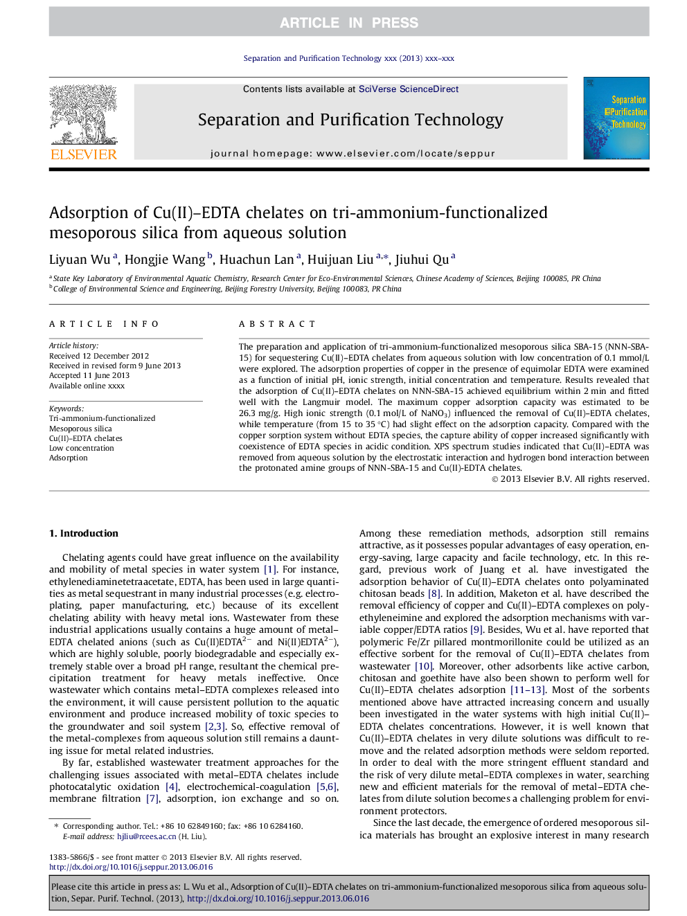 Adsorption of Cu(II)-EDTA chelates on tri-ammonium-functionalized mesoporous silica from aqueous solution