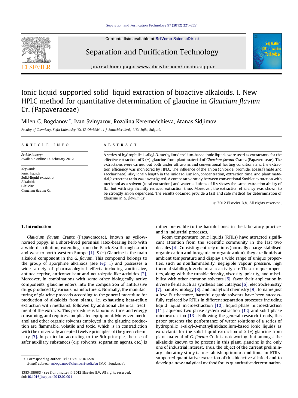 Ionic liquid-supported solid-liquid extraction of bioactive alkaloids. I. New HPLC method for quantitative determination of glaucine in Glaucium flavum Cr. (Papaveraceae)