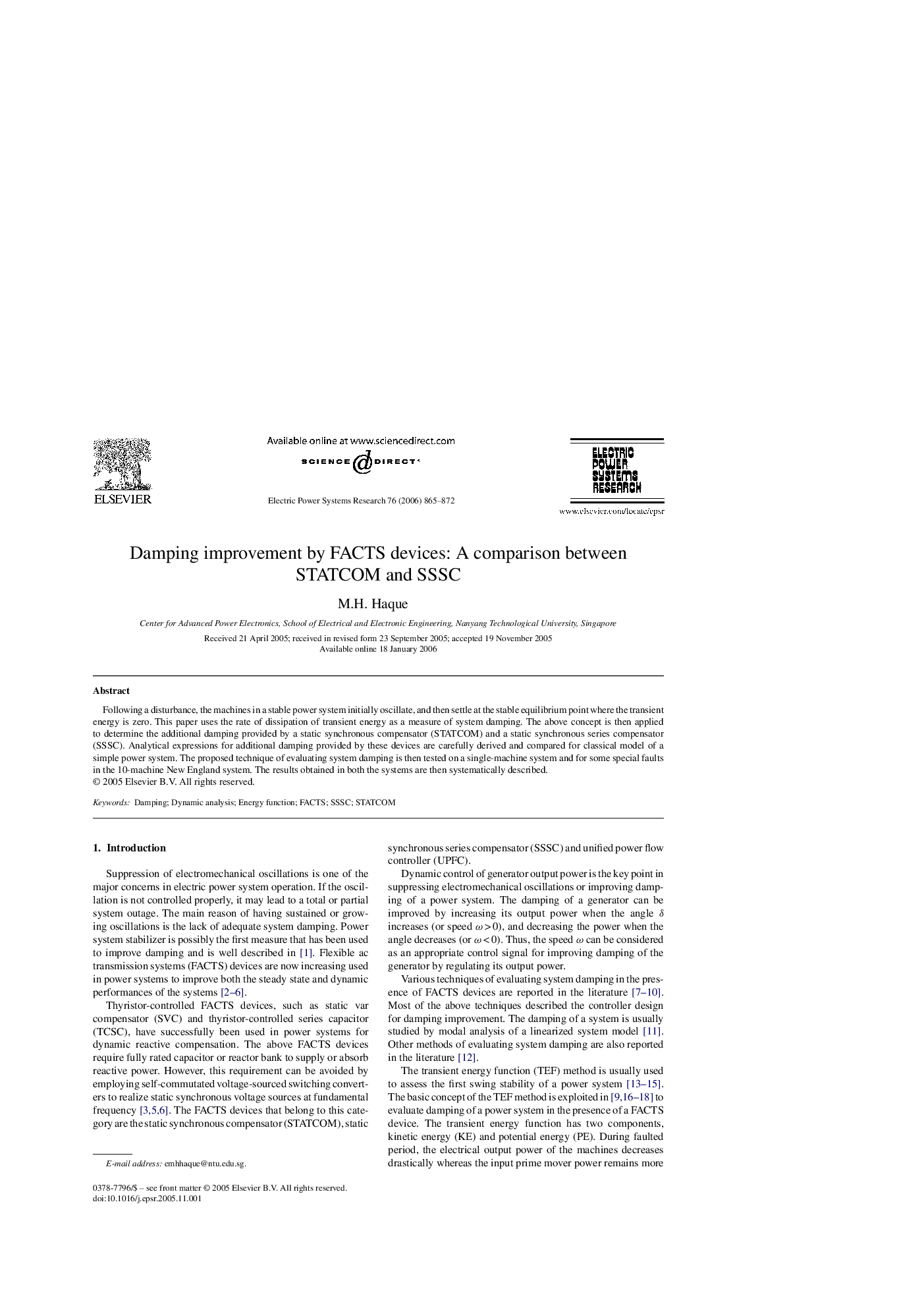 Damping improvement by FACTS devices: A comparison between STATCOM and SSSC