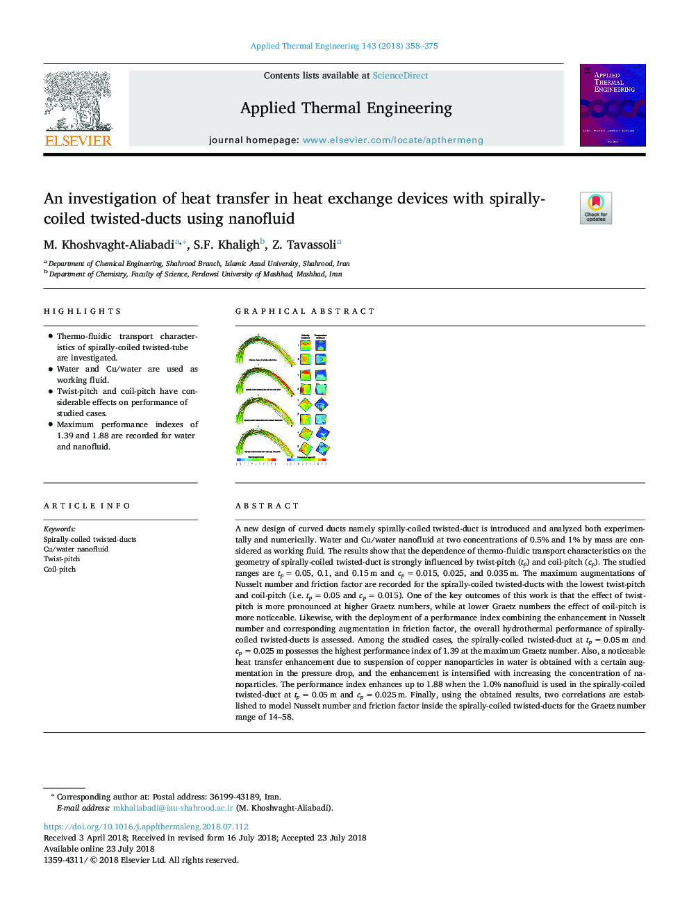An investigation of heat transfer in heat exchange devices with spirally-coiled twisted-ducts using nanofluid