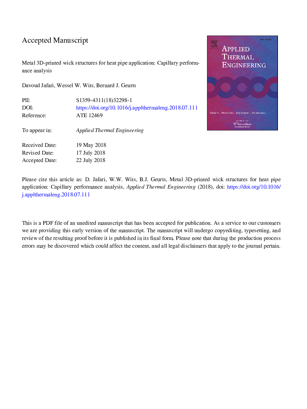 عکس صفحه اول مقاله: Metal 3D-printed wick structures for heat pipe application: Capillary performance analysis Metal 3D-printed wick structures for heat pipe application: Capillary performance analysis