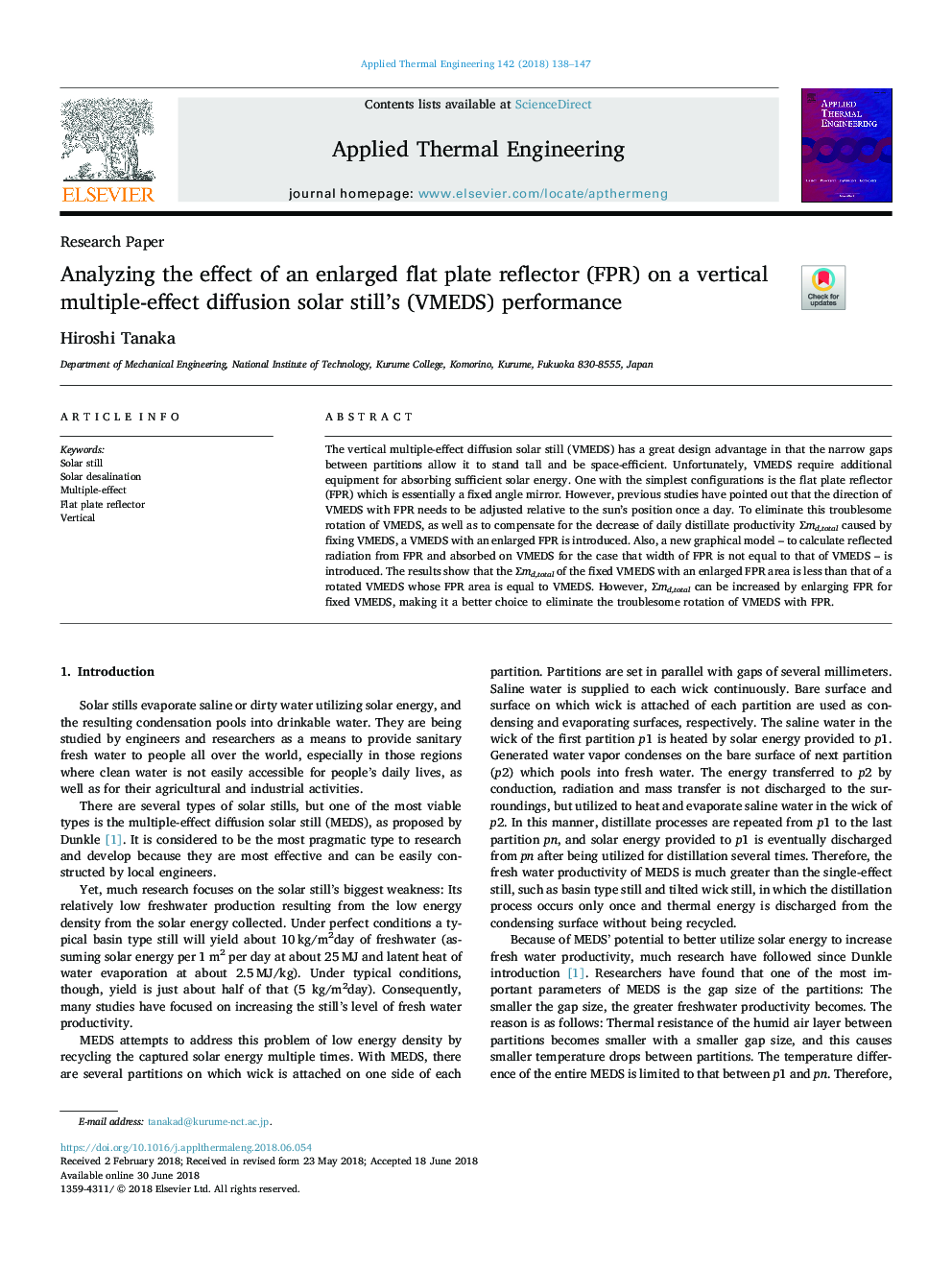 Analyzing the effect of an enlarged flat plate reflector (FPR) on a vertical multiple-effect diffusion solar still's (VMEDS) performance