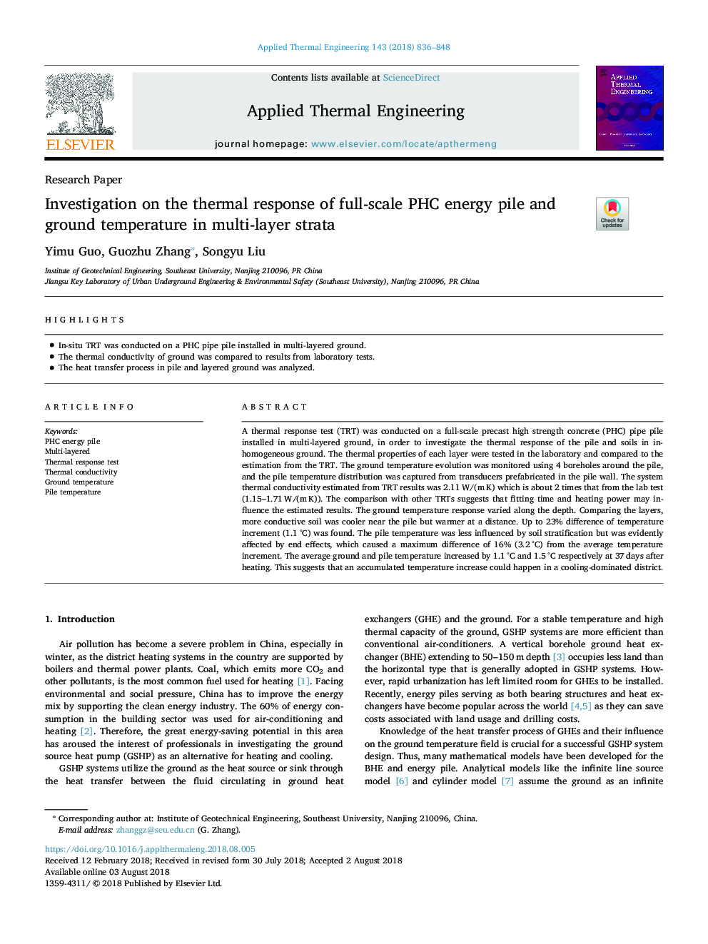 Investigation on the thermal response of full-scale PHC energy pile and ground temperature in multi-layer strata