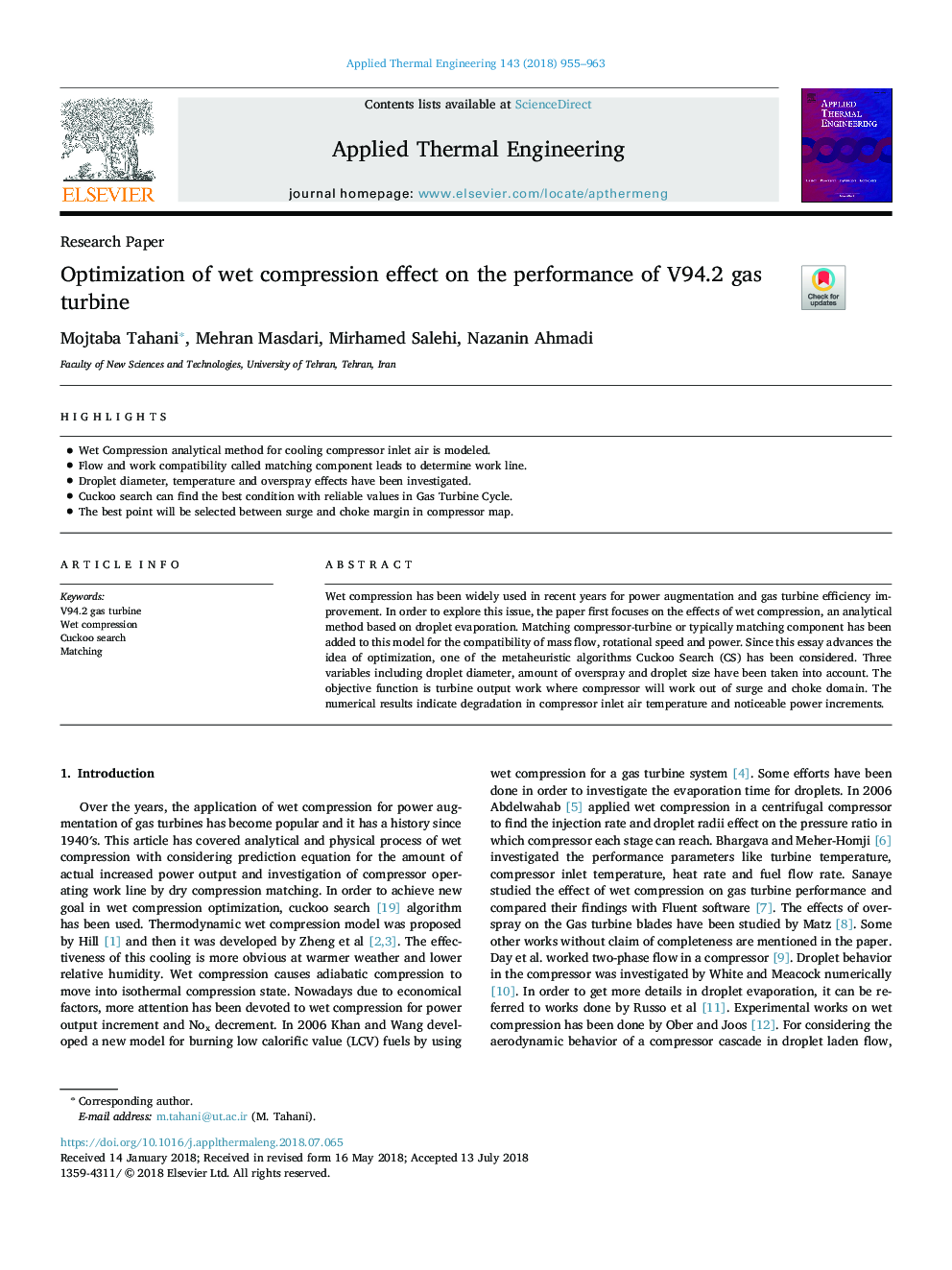 Optimization of wet compression effect on the performance of V94.2 gas turbine