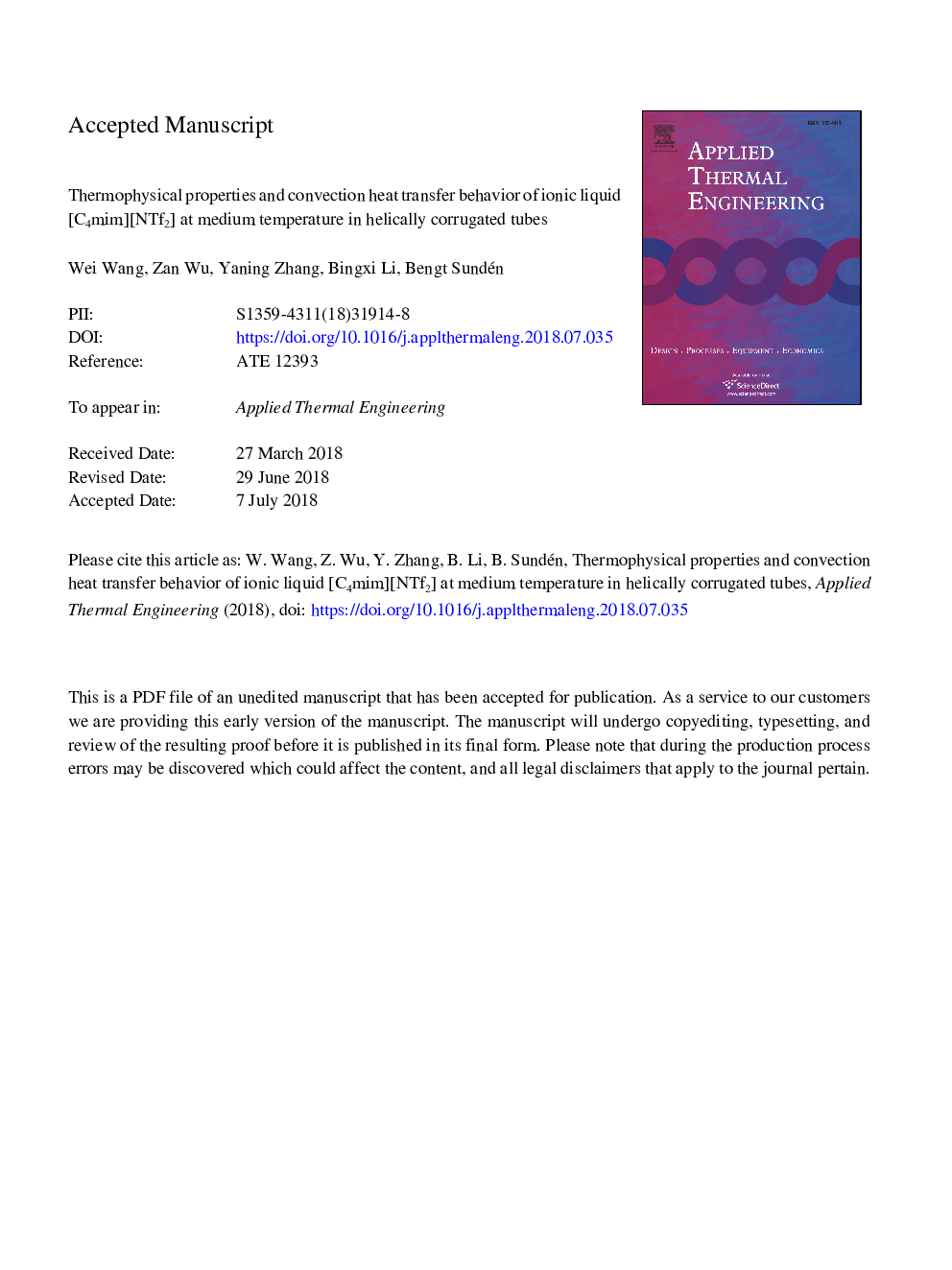 Thermophysical properties and convection heat transfer behavior of ionic liquid [C4mim][NTf2] at medium temperature in helically corrugated tubes