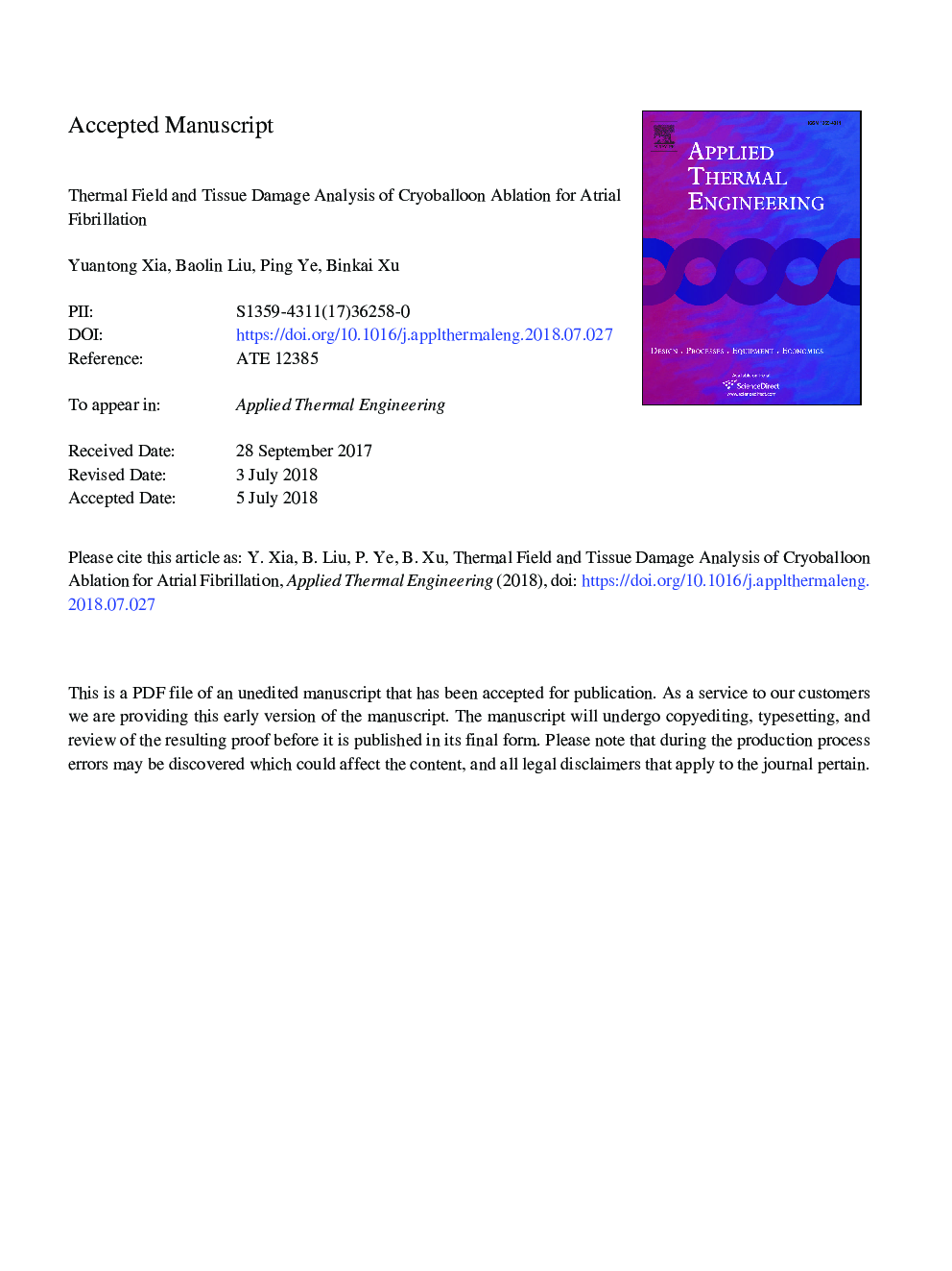 Thermal field and tissue damage analysis of cryoballoon ablation for atrial fibrillation