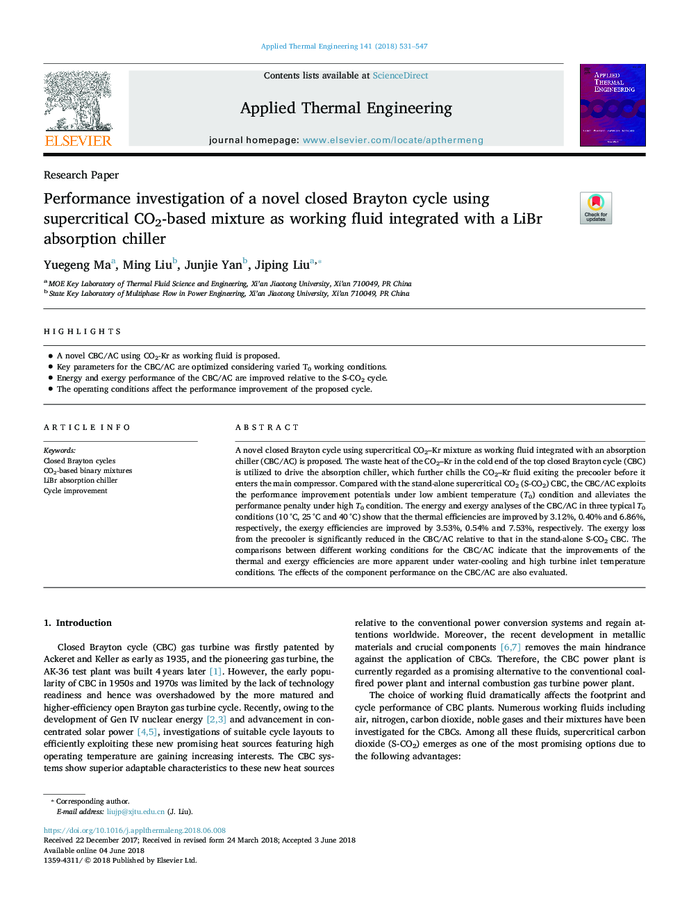 Performance investigation of a novel closed Brayton cycle using supercritical CO2-based mixture as working fluid integrated with a LiBr absorption chiller