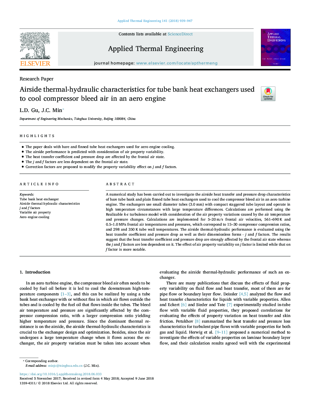 Airside thermal-hydraulic characteristics for tube bank heat exchangers used to cool compressor bleed air in an aero engine