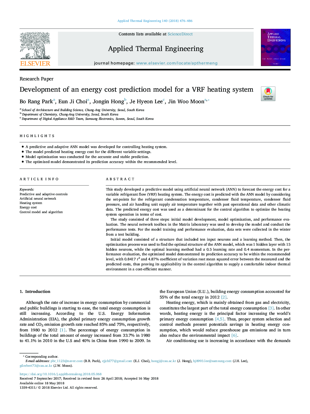 Development of an energy cost prediction model for a VRF heating system