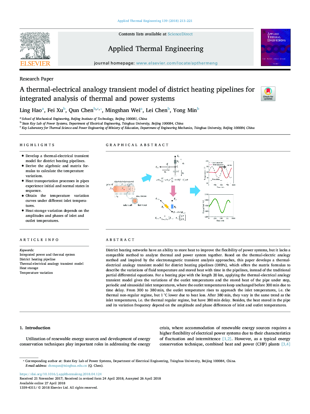 A thermal-electrical analogy transient model of district heating pipelines for integrated analysis of thermal and power systems